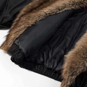 Loose black jacket with premium brown faux fur collar and silky fabric texture