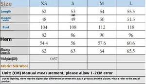 Detailed size chart for women's autumn winter hooded jacket with measurements from XS to L