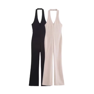 Tuta Intera da Donna Sexy Schiena Scoperta Halter Neck Senza Maniche Scollo a V Profondo Slim Fit Pantaloni a Campana