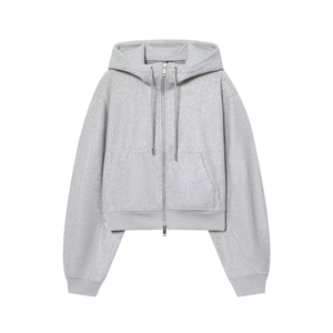 Women Hooded Zipper Jacket Loose Long Puffy Sleeve Solid Color Casual Outerwear Polyester Autumn Winter Warm Coat Light Gray