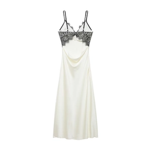 Elegant white satin dress with black lace back detailing and thin shoulder straps