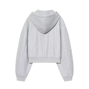 Back view of light gray hooded jacket showing soft textured wool fabric and ribbed cuffs