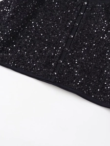 Close-up of black sequin jacket detail showing sparkling sequins and button closure