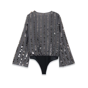 Women's deep grey sequin bodysuit with long flare sleeves and shimmering metallic disks