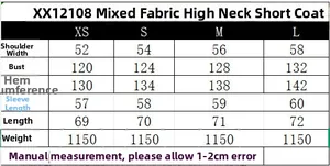 Detailed size chart for women high neck wool blend coat showing XS to L measurements