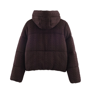 Women's winter hooded puffer jacket in dark brown with textured cable knit embossed pattern