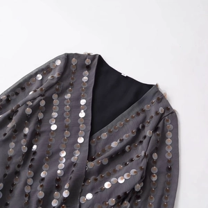 Women's V-neck long sleeve bodysuit with sequins in dark grey and sparkling finish