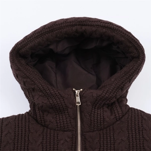 Women's dark brown oversized hooded knit sweater with heavy cable pattern and zipper