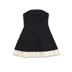 Sexy black strapless midi dress with white pleated hem trim in A-line silhouette