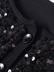 Macro shot of black knit jacket showing detailed sequins and a smooth round button