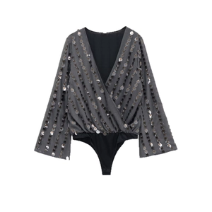 Women's V-neck bodysuit with silver sequins, long flared sleeves in grey stretch fabric