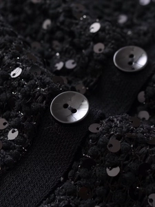 Close-up of black sequined knit jacket featuring textured fabric and polished buttons
