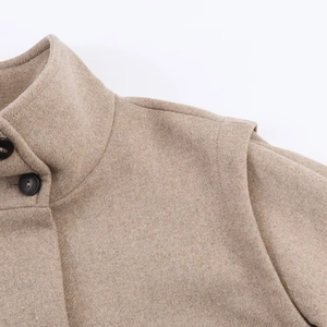 Close-up of khaki blend wool coat featuring high collar and dark round buttons