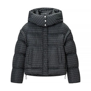 Doudoune courte à capuche gris foncé pour femme avec motifs géométriques et cordon