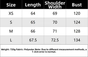 Detailed size chart for women faux fur vest showing bust and length measurements