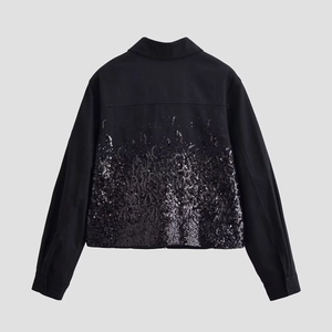 Back view of a casual black long sleeve jacket featuring shimmering black sequin details