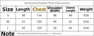 Size chart for hooded waterproof puffer jacket showing length, chest, and shoulder details