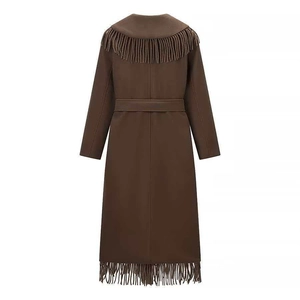 Women's dark brown long wool coat with fringe trim and waist belt, back view display