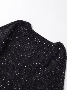 Detailed close-up of glossy black sequins on round neck jacket with reflective texture