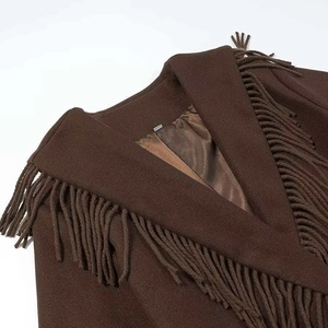 Chic dark brown wool blend coat featuring elegant fringe trim and a smooth satin lining