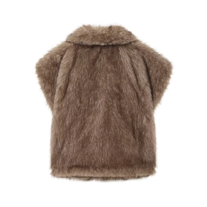 Detailed back view of a plush brown faux fur vest featuring a large cozy collar design
