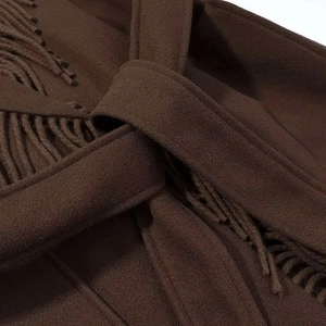 Fashionable dark brown wool coat with decorative fringe and matching waist tie for women