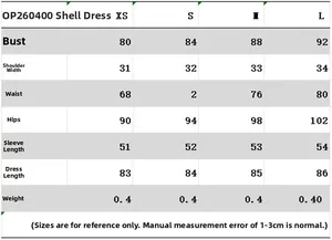 Size chart for the sequin dress with measurements for chest, waist, and length