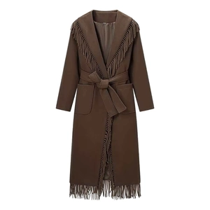 Dark brown wool blend long coat with elegant fringe trim and adjustable waist belt
