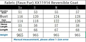 Size chart showing bust, shoulder, and length measurements for the reversible jacket