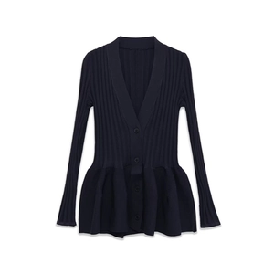 Women's Ribbed Knit Peplum Dress V-Neck Single Breasted Long Sleeve Slim Fit Navy Blue Casual Elegant Mini Knitted Dress