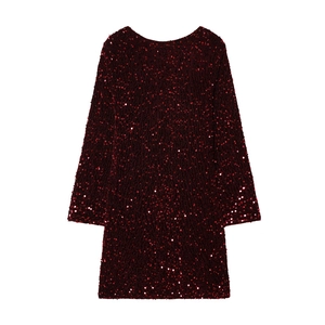 Detail of shimmering dark red sequins on long sleeve mini party dress with round neck