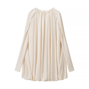 Robe Mini Élégante Col Rond Manches Longues Style Cape Polyester Satiné Plissé Beige Ourlet Bulle Robe Courte Pour Femme