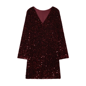 Women Elegant Sequin V-Neck Long Sleeve Mini Dress Shiny Slim Fit Party Banquet Night Out Wine Red Black Cocktail Dress