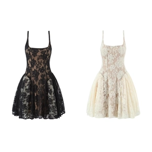 Women Sexy Floral Lace Strap Dress Mesh Patchwork Slim A-Line Mini Dress Elegant Sleeveless Summer Party Clubwear Dress