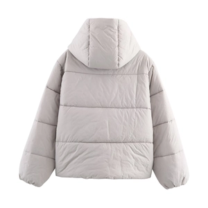 Rear view of a light gray hooded winter puffer jacket with horizontal quilting detail