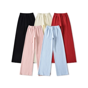 Detailed view of high waist knitted wide leg pants in five colors with drawstring waist