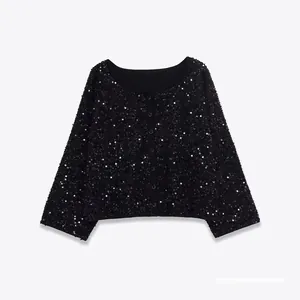 Women Black Sequin Cardigan Round Neck Long Sleeve Button Up Shiny Jacket For Party Evening Banquet Elegant Outerwear