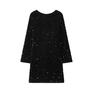 Close-up of black sequined long-sleeved dress with shimmering texture and crew neck detail
