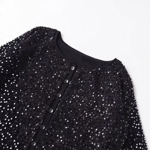 Elegant black sequined round neck jacket with buttons for evening and party wear
