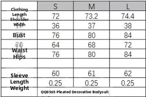 Detailed size chart for V-neck long sleeve bodysuit with length and bust measurements