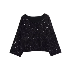 Women's black sequin long sleeve jacket with round neck and button-front closure