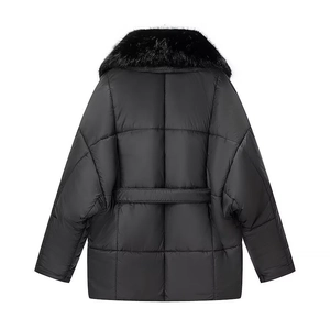 Back view of short black padded jacket with faux fur collar and waist belt detail