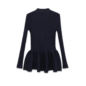 Slim fit dark blue ribbed knit long sleeve top with elegant peplum hem for women