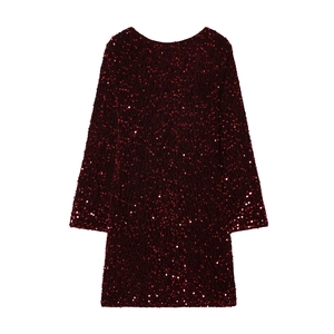 Elegant wine red sequin long sleeve crew neck slim fit dress for casual occasions