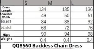 Tableau des tailles pour robe sans manches dos nu avec mesures S, M, L en centimètres