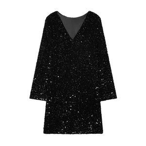 Slim fit black sequin mini dress with deep V-neck and long sleeves for winter evening wear