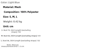 Size chart for blue mesh mermaid dress with 3D floral details and polyester fabric info