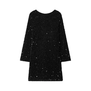 Elegant black sequin long sleeve mini dress with a round neck and shimmering A-line silhouette
