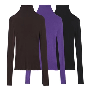 Detail view of high-neck long-sleeve slim tops in dark coffee, purple, and black colors