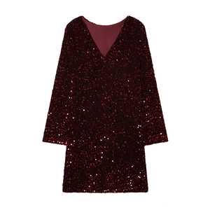 Deep burgundy sequin V-neck mini dress with long sleeves and shimmering holiday texture